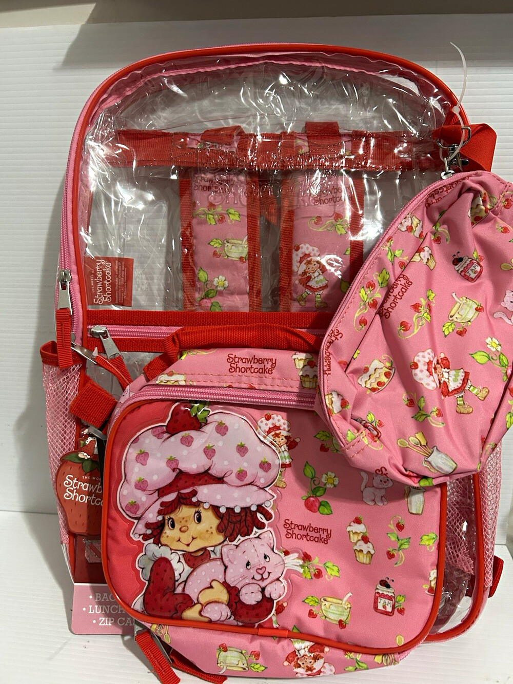Strawberry Shortcake 3pc Set Clear Backpack Lunch Tote Zip Case Pink/Red